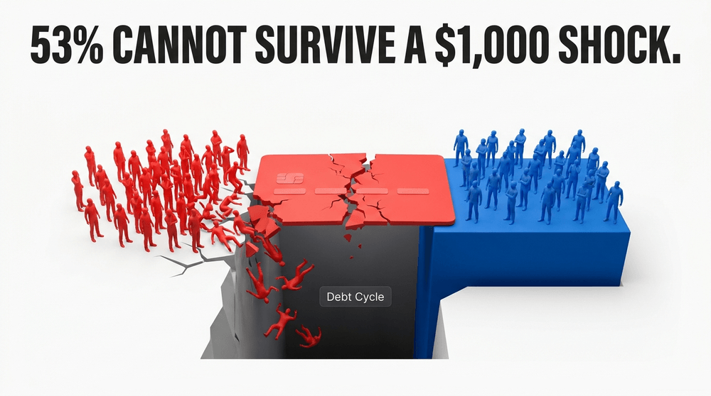 53% of U.S. adults rely on debt for a $1k emergency, creating a fragile economy susceptible to high-interest debt cycles.