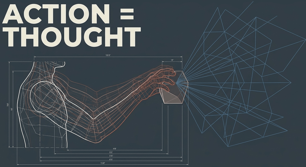A figure in motion projecting geometric thought patterns, demonstrating that movement is an active element of thinking.