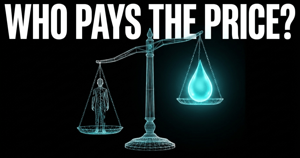 A fractured scale weighing a glowing plasma drop against a young silhouette, highlighting donor welfare and ethical risks.