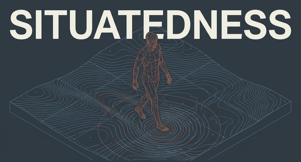 A human figure interacting with a reactive topographic grid, representing how environment actively structures thought.