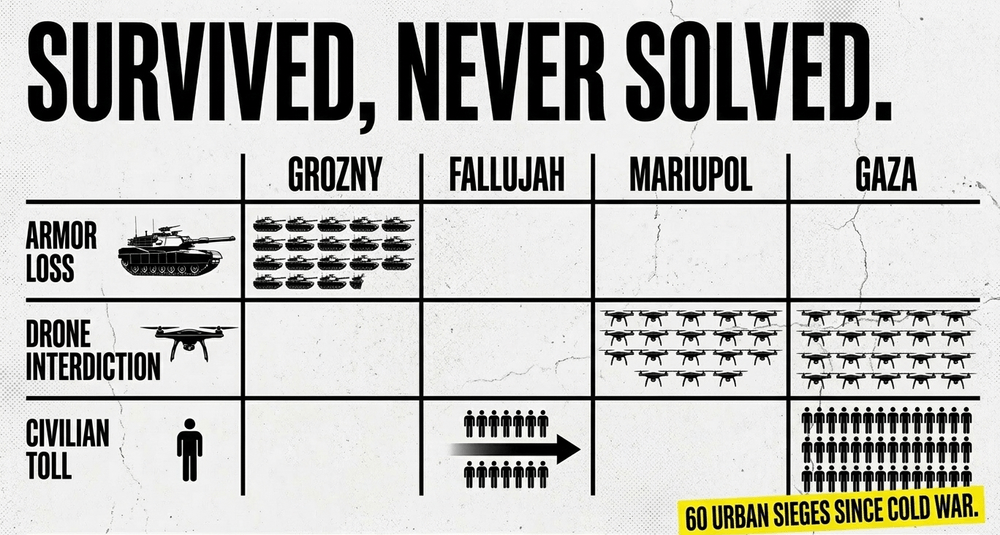 Post-Cold War urban sieges from Grozny to Gaza highlight the evolution of tactics toward drones and escalating civilian crises in city combat.