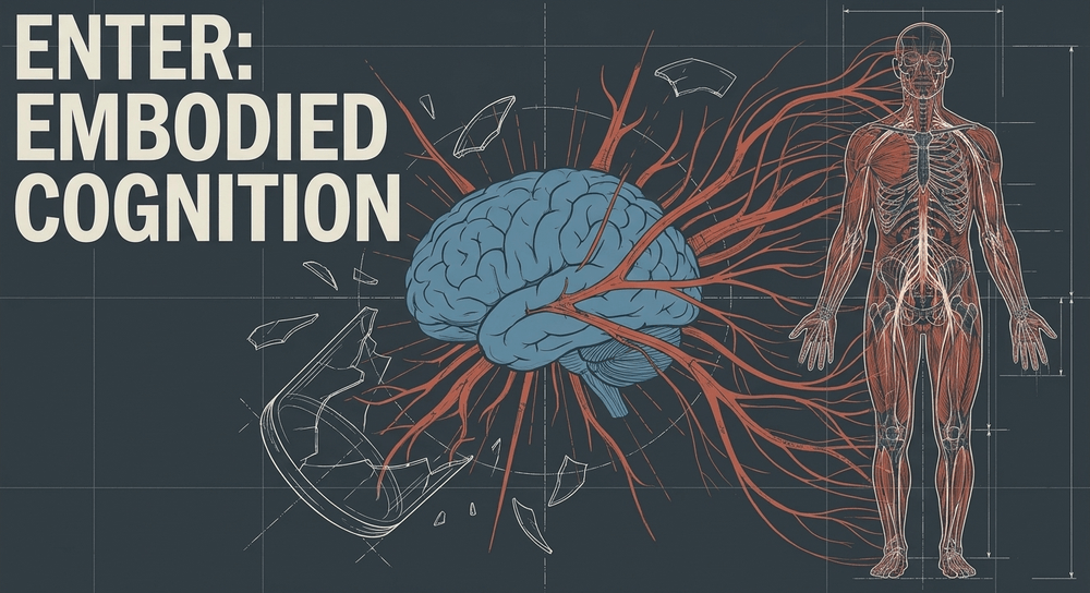 A shattered jar with a brain expanding into an anatomical nervous system, depicting the shift to embodied cognition.