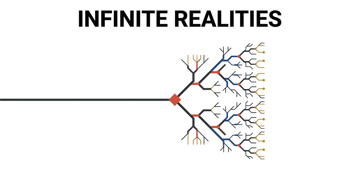 A single timeline splitting into a fractal tree illustrates how every quantum event creates parallel, branching universes.