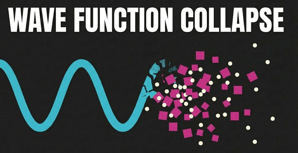 A smooth wave disintegrating into solid particle impacts, illustrating quantum decoherence.