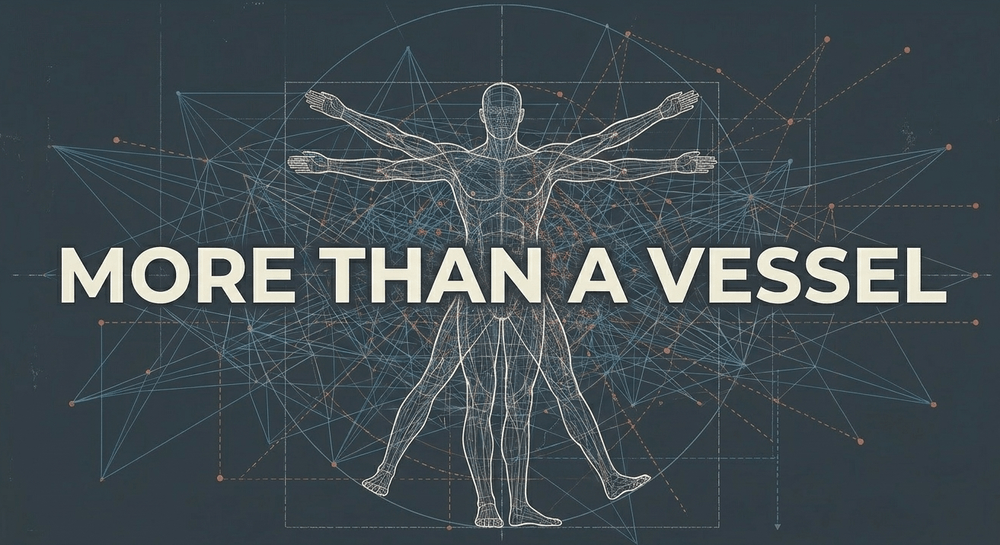A sprawling architectural network blending seamlessly into a human form and the cosmos, summarizing the embodied mind.