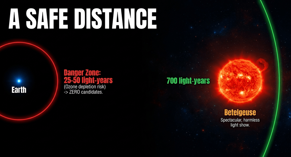 A supernova within 50 light-years could harm Earth, but nearby candidates like Betelgeuse (700 ly) pose no real threat.