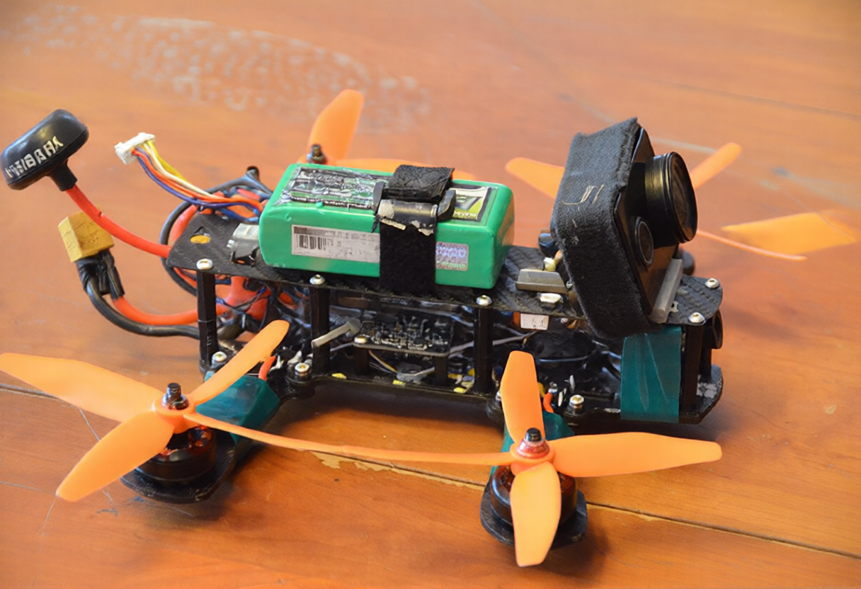 A typical FPV drone used in military contexts, built entirely from commercially available parts at a cost of a few hundred dollars.