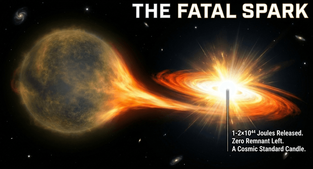 A white dwarf accretes matter from a binary companion until it reaches a critical mass, triggering a thermonuclear runaway.