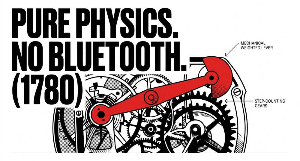 Abraham-Louis Perrelet's 1780 mechanical pedometer used a weighted lever and gears to count steps without electricity.