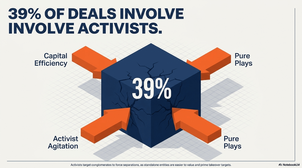 Activists target conglomerates to force separations, as standalone entities are easier to value and prime takeover targets.