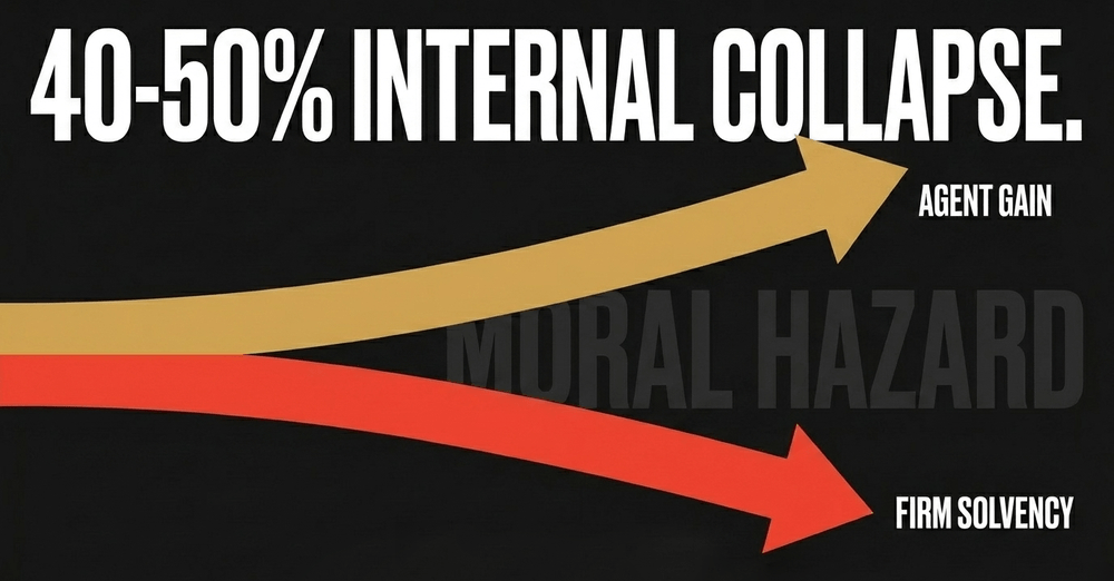 Agency-induced moral hazard accounts for 40-50% of collapse risk as management interests diverge from shareholders.