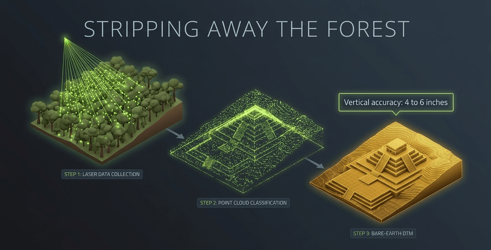 Algorithms classify data points, removing vegetation to leave a bare-earth model accurate to within 4 to 6 inches.