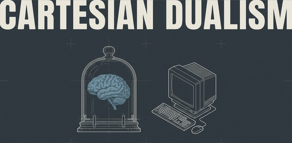 An isolated brain in a jar next to a computer, representing the outdated view of the mind as a disembodied entity.