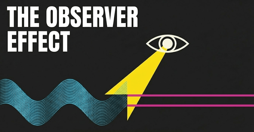 An observing eye watches the slits, representing measurement collapsing the wave function.