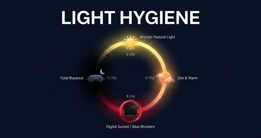 Anchor the brain with morning sun, transition to warm dim lighting, and sleep in total darkness.