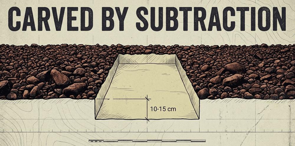 Ancient engineers removed dark, iron-oxide coated stones to expose the lighter subsoil, creating enduring contrast.