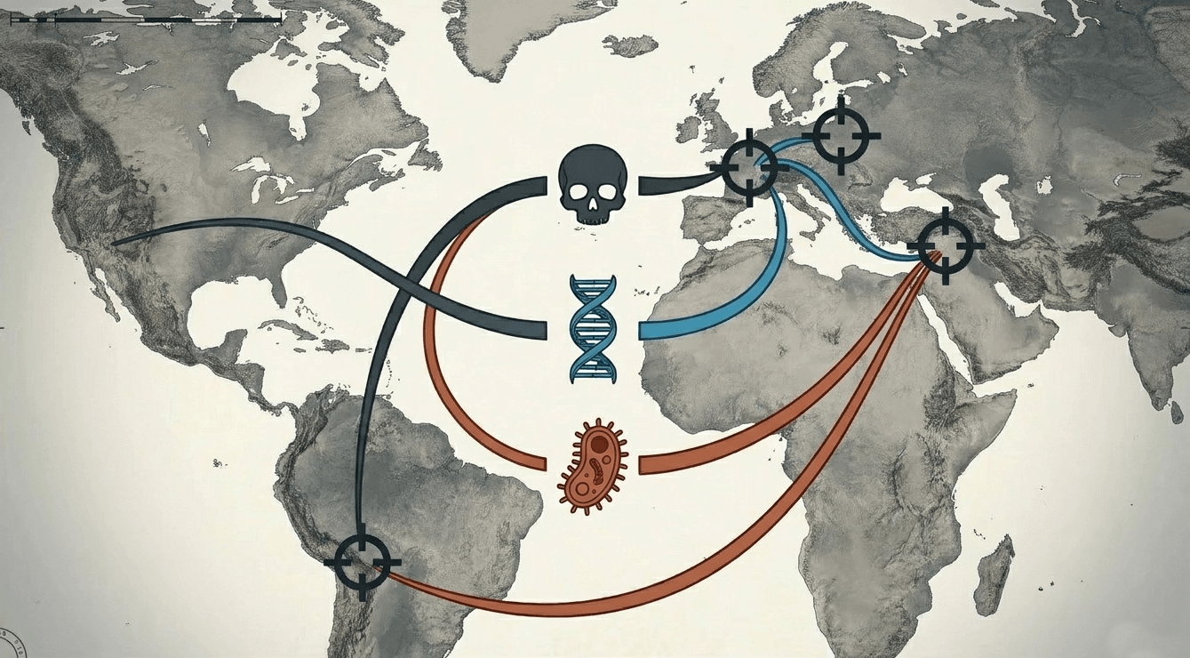 Ancient pathogen spread map showing transcontinental routes