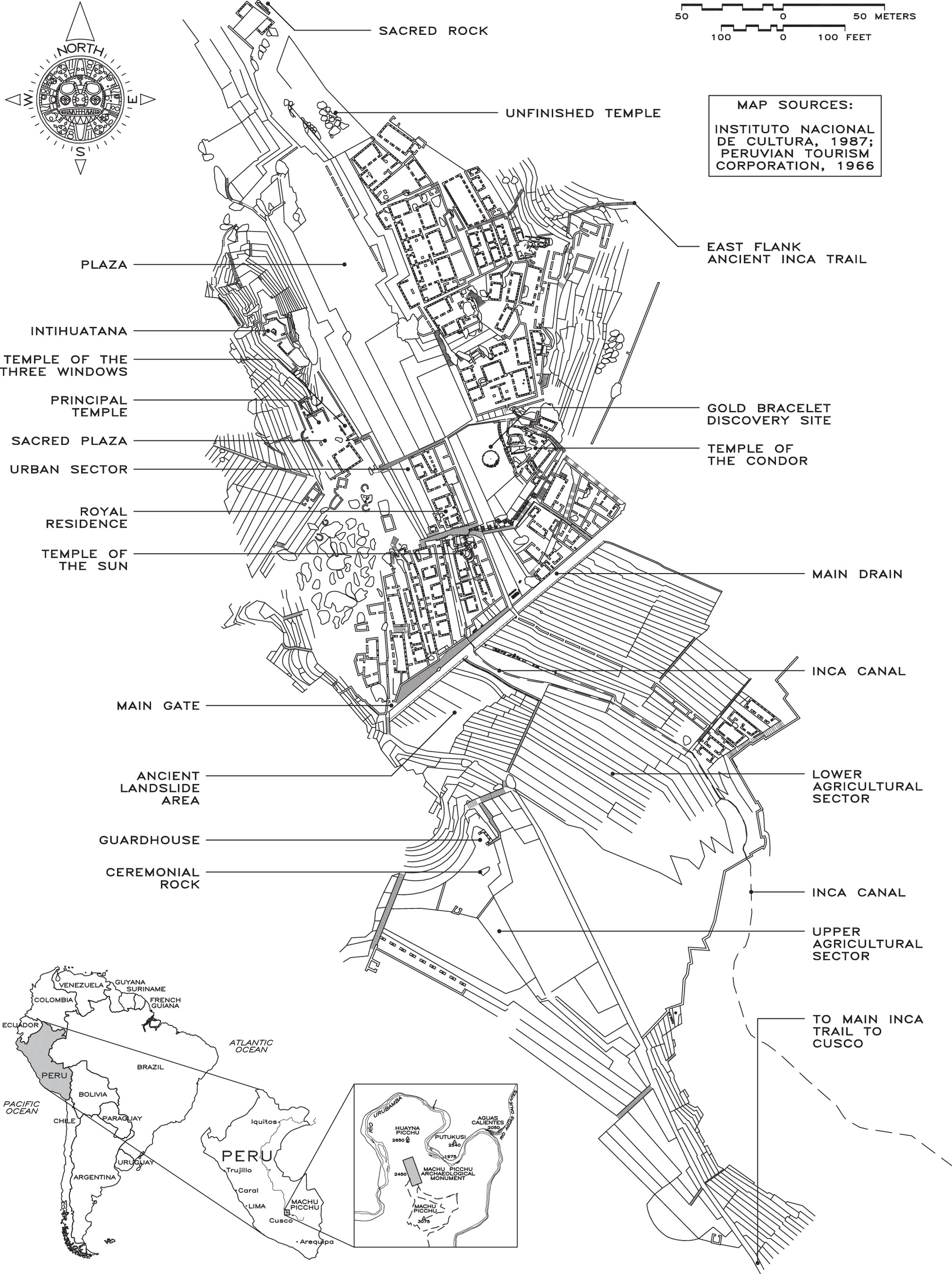 Archaeological site plan of Machu Picchu showing the main structures, agricultural terraces, drainage systems, and Inca trails. (Sources: Instituto Nacional de Cultura, 1987; Peruvian Tourism Corporation, 1966)