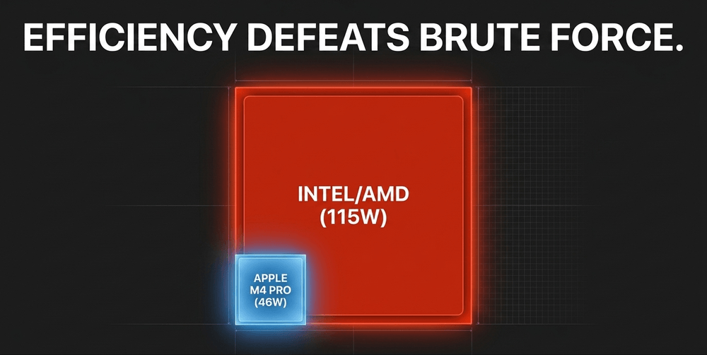 ARM-based silicon focuses on performance-per-watt, dramatically reducing waste heat and eliminating most throttling.
