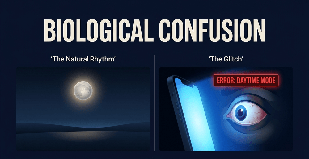 Artificial blue light at night tricks the brain into daytime mode, halting restorative sleep.