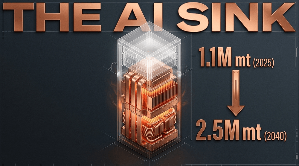 Artificial intelligence infrastructure will drive data center copper demand to 2.5 million metric tons by 2040.