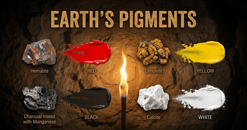 Artists processed natural hematite, limonite, charcoal and calcite to create vibrant red, yellow, black, and white.