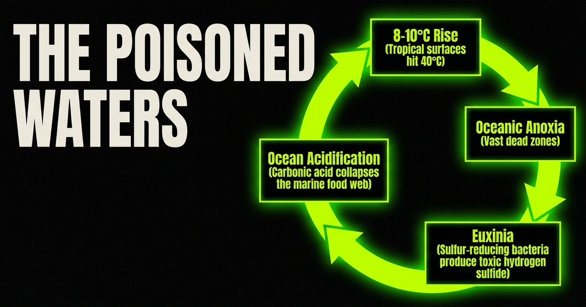 As tropical surface waters warmed dramatically, the oceans transformed into an increasingly acidic, oxygen-starved environment laced with toxic hydrogen sulfide.