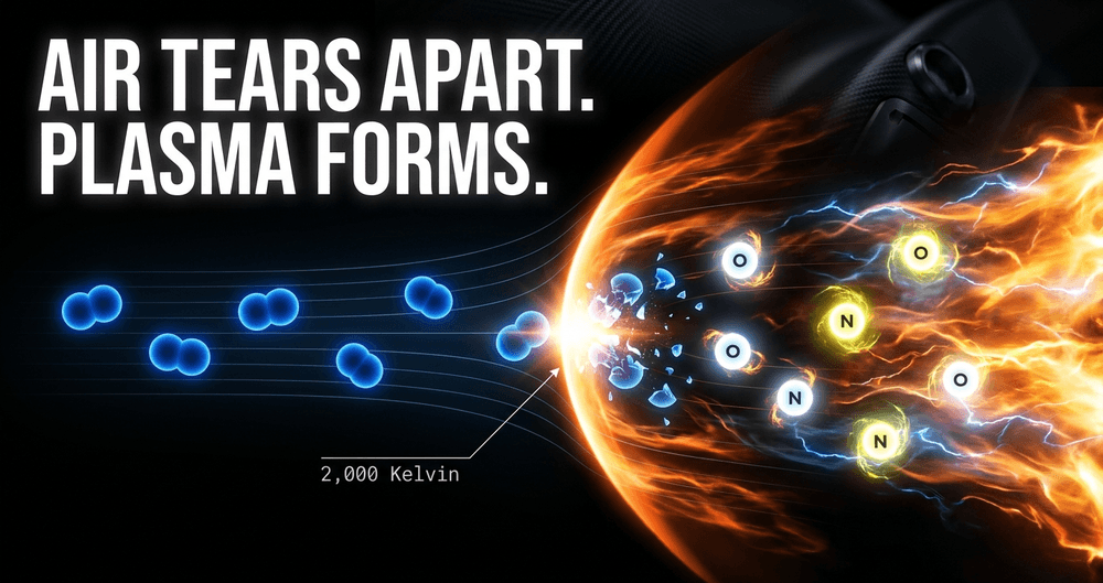 At 2,000 Kelvin, kinetic energy triggers molecular dissociation, creating a chemically reactive 2,500°C plasma sheath.