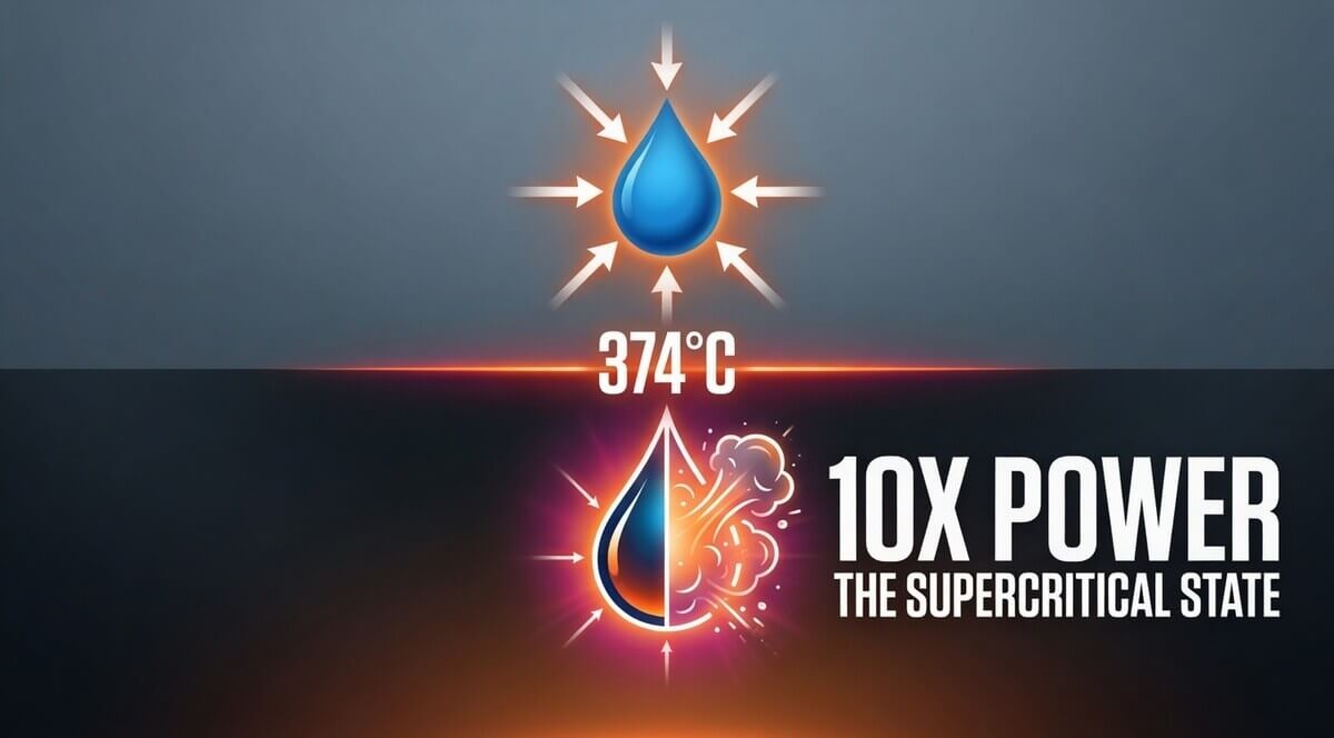 At 374°C, water becomes supercritical-dense as liquid, mobile as gas - multiplying power output per well by up to ten times.