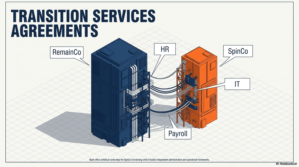 Back-office umbilical cords keep the SpinCo functioning while it builds independent administrative and operational frameworks.