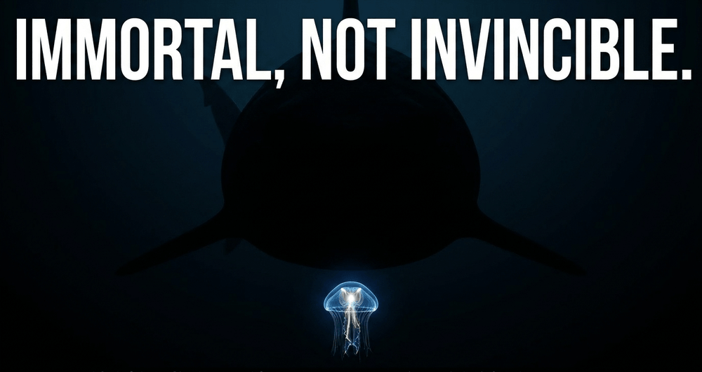 Biological immortality is a potential, not a guarantee; most succumb to predation before they can reverse age.