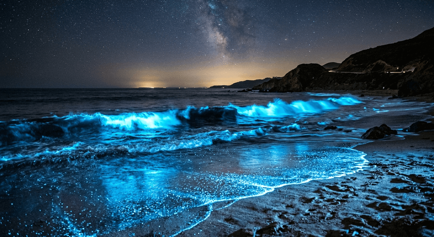 bioluminescent waves crashing on a California beach