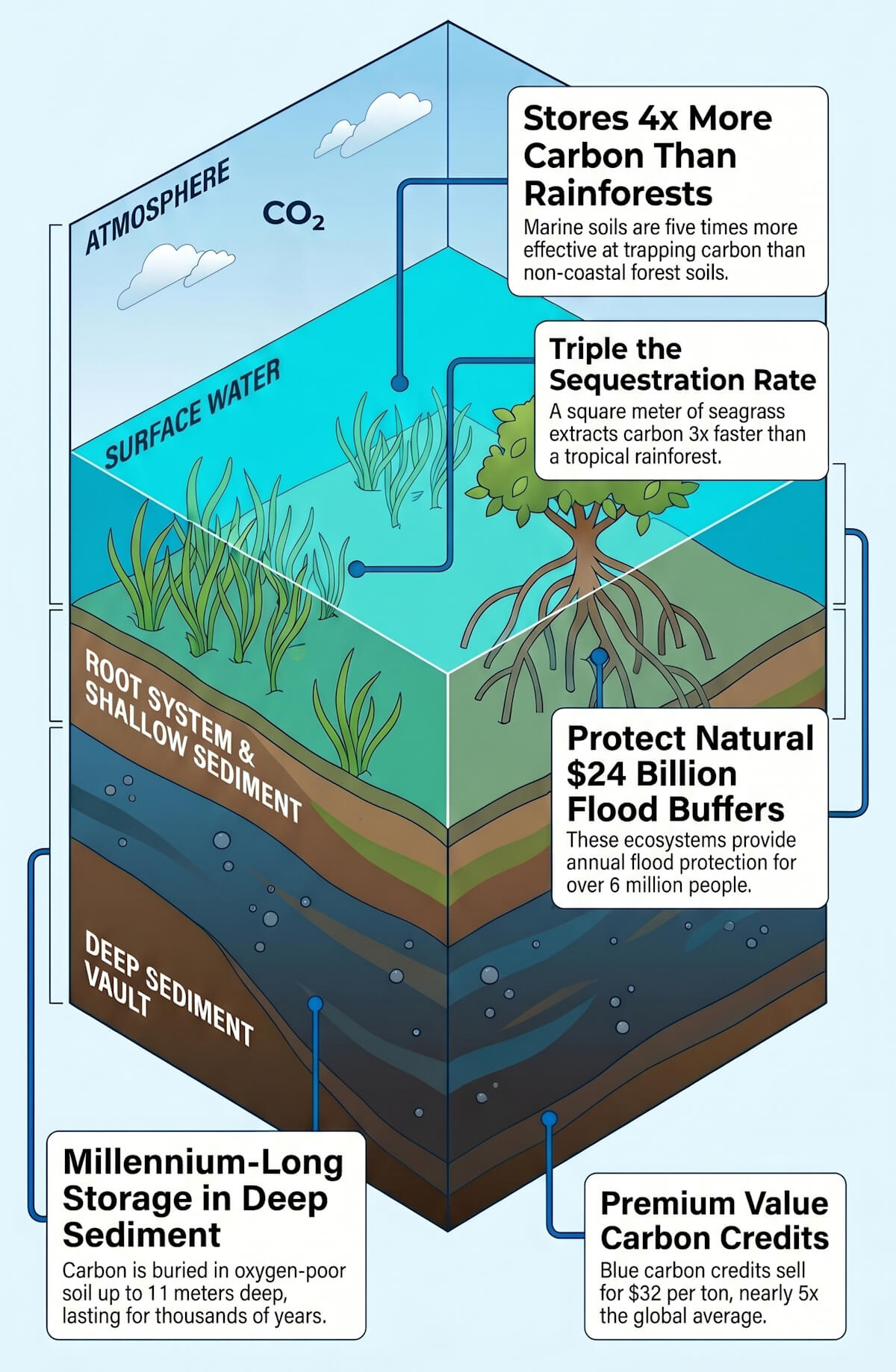 Blue carbon: a cross-section of a seagrass meadow showing dense root systems anchoring dark, carbon-rich sediment
