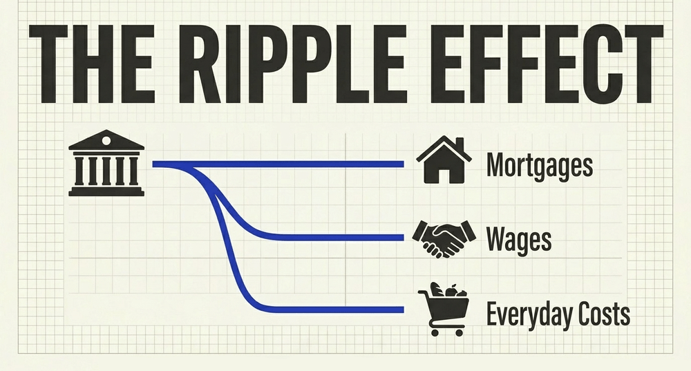 Central banks trace this geometry to set rates, directly dictating mortgage costs, wage negotiations, and everyday prices.
