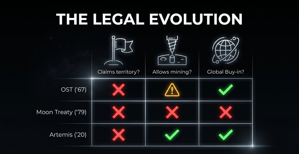 Comparing the three major frameworks governing humanity's relationship with lunar resources.