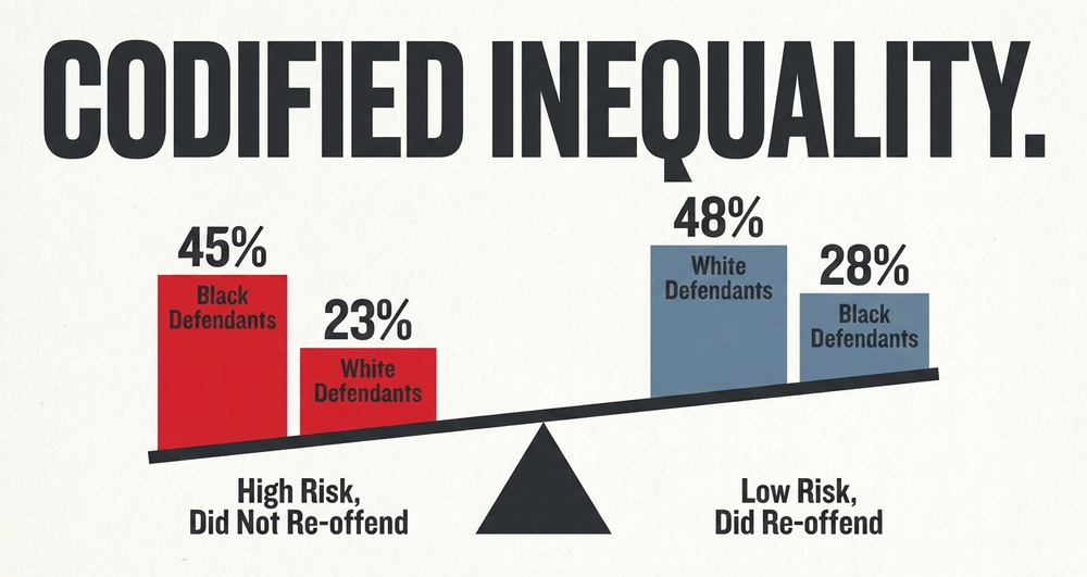 COMPAS data reveals stark racial disparities in false positive and negative rates.