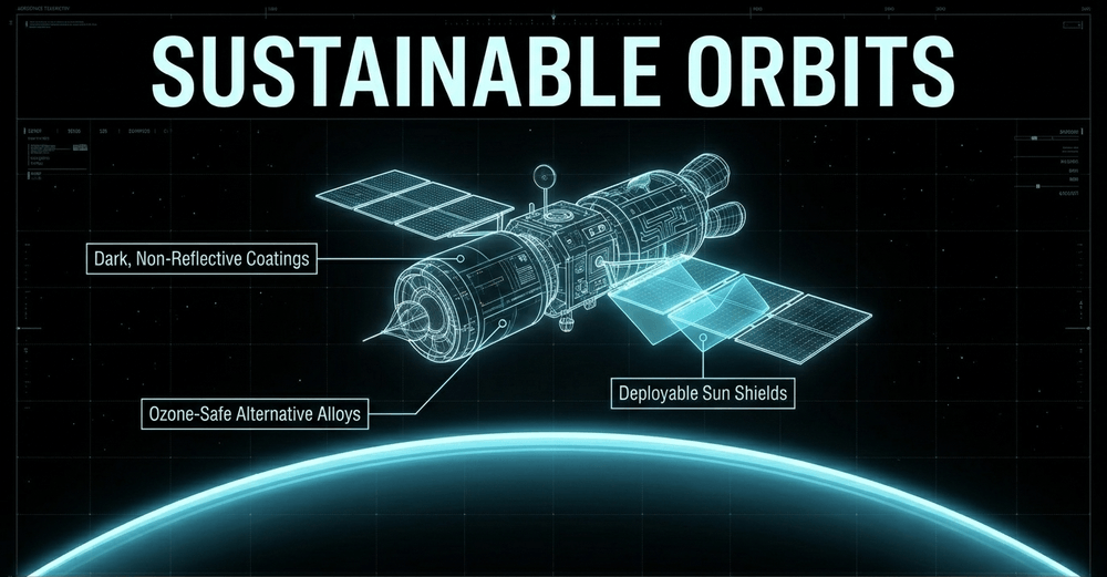 Concept of sustainable orbital management using darker coatings, alternative materials, and stringent brightness standards.