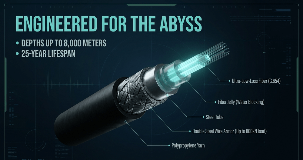 Cross-section of an ultra-low-loss submarine cable designed to withstand extreme deep-sea pressures.