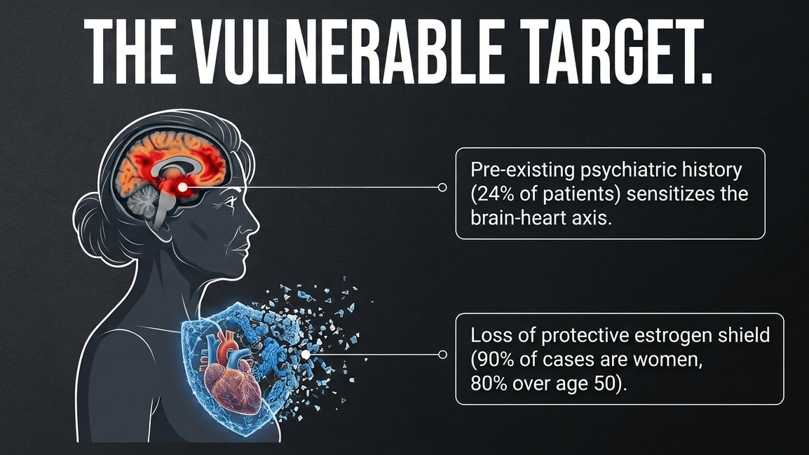 Declining estrogen and psychiatric history dramatically lower the heart's threshold for stress-induced dysfunction.