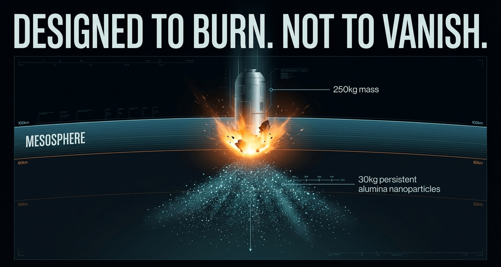 Diagram illustrating a satellite's re-entry plunge, converting solid metallic alloys into persistent anthropogenic dust.