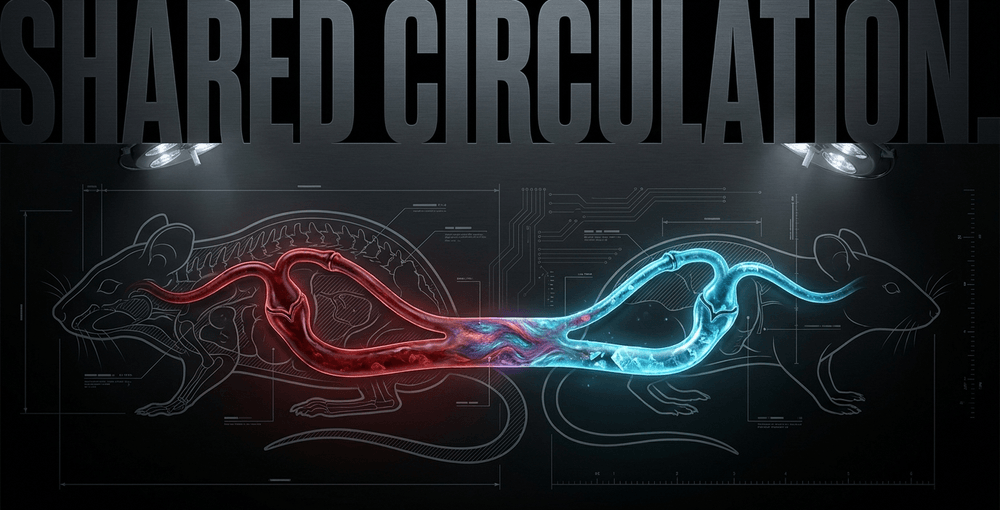 Diagram of heterochronic parabiosis: two mouse circulatory systems surgically joined to share a single blood supply.