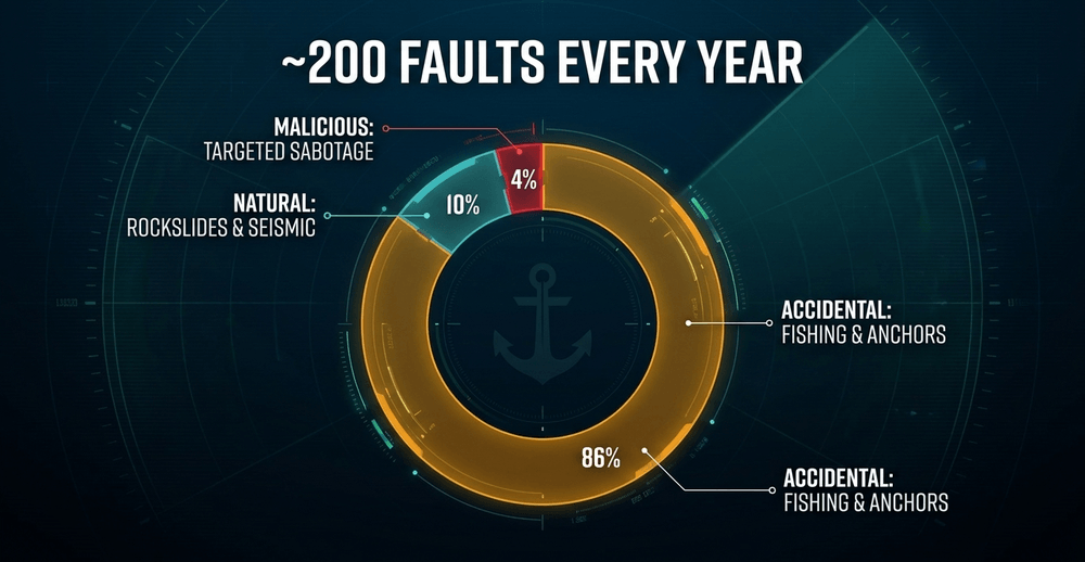 Distribution of the ~200 annual subsea cable faults, heavily dominated by human maritime activities.