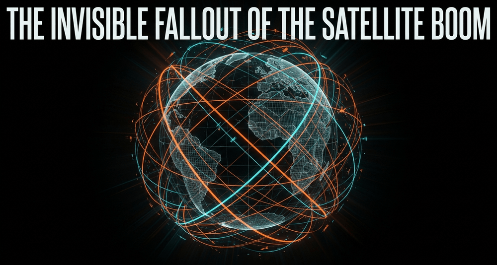 Earth enclosed by a dense web of thousands of active satellite orbits, symbolizing the industrialization of the orbital shell.