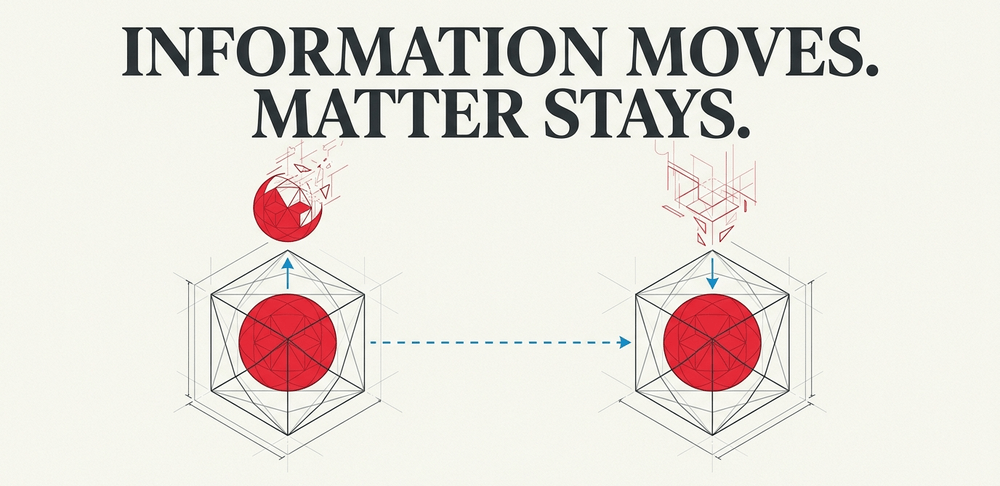 Entangled photons transfer polarization states across distance without moving matter, destroying the original to recreate it.