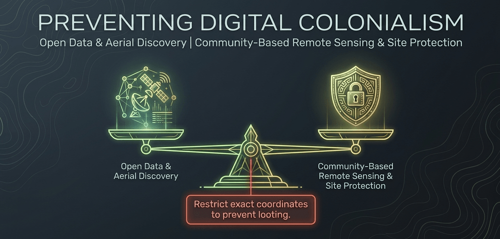 Ethical remote sensing requires sharing data with Indigenous stakeholders and restricting exact coordinates to prevent looting.