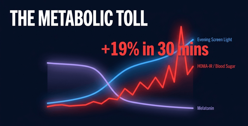 Evening blue light suppresses melatonin and spikes insulin resistance in just 30 minutes.