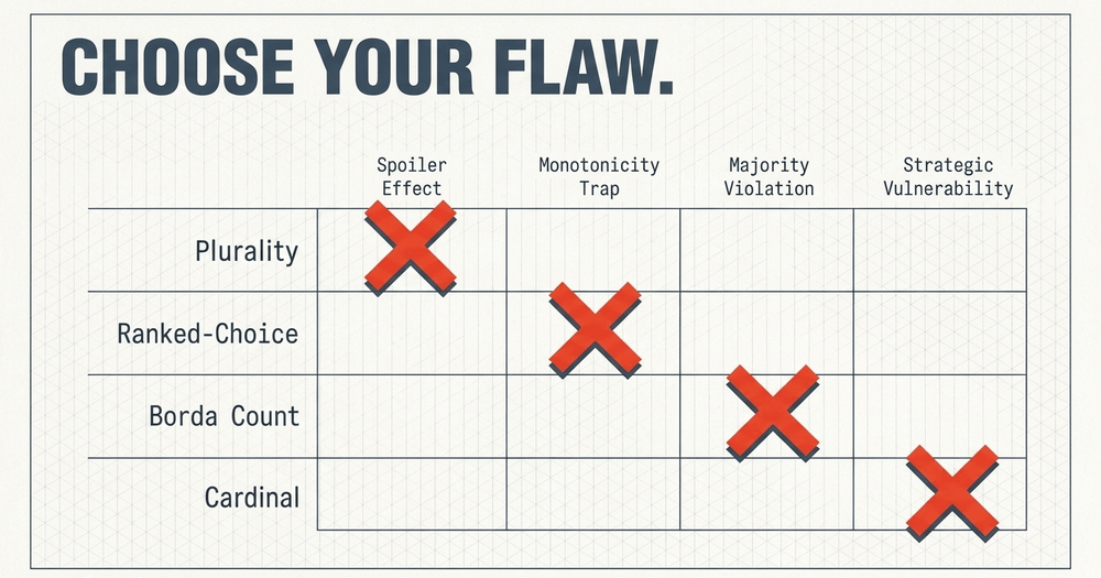 Every electoral method chooses a specific flavor of unfairness. Perfection is off the table.