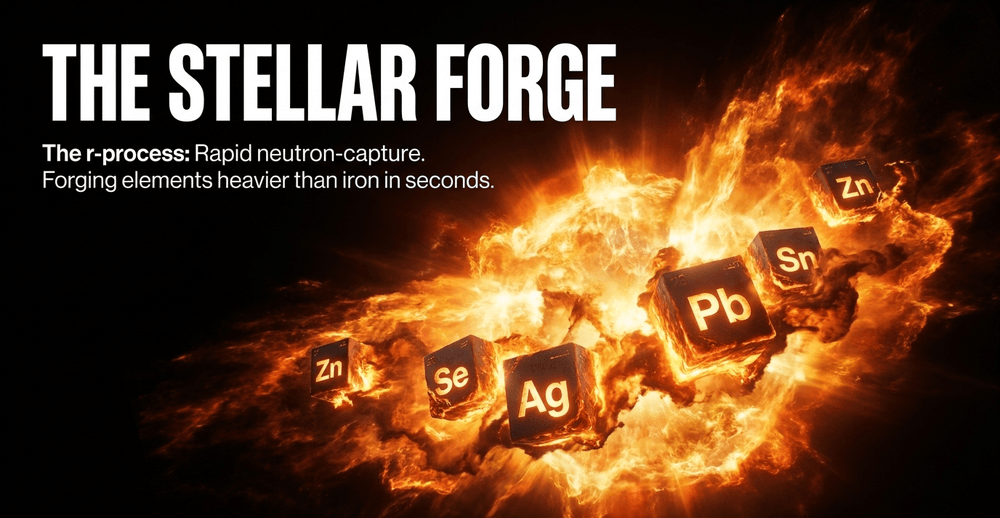 Extreme heat and pressure in the explosion's shockwave create elements heavier than iron through rapid neutron-capture.