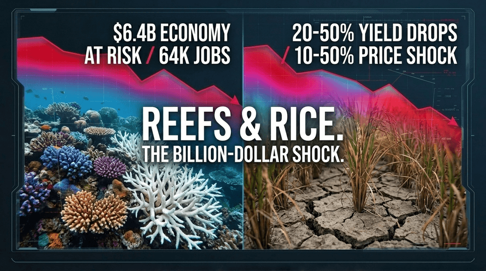 Extreme marine heat causes mass coral bleaching, while concurrent droughts threaten global rice and palm oil supplies.