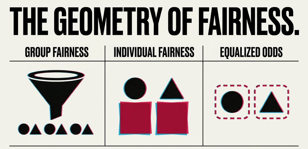 Fairness is multi-dimensional. Group fairness seeks demographic parity; equalized odds seeks parity in false positive rates.